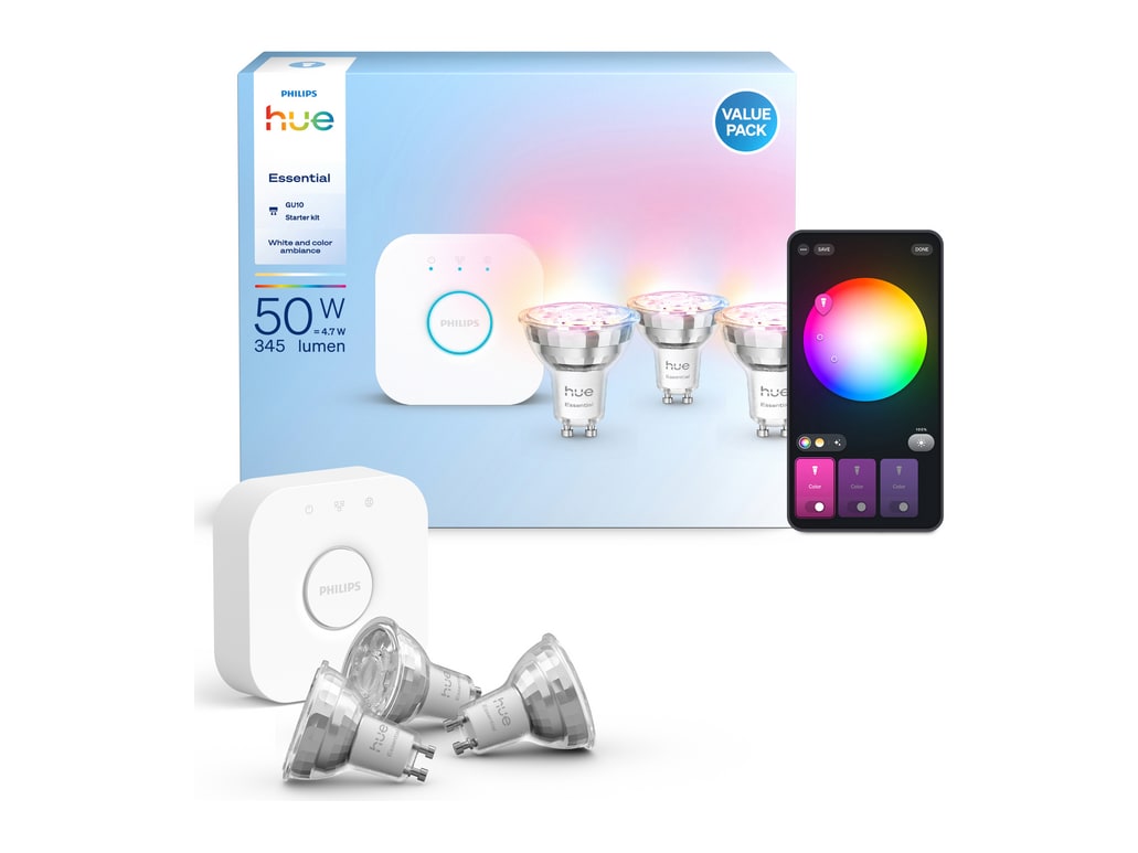 Philips - Hue Essential Kit: Bridge + 3 GU10 Bulbs Smart Lighting - White (EU)
