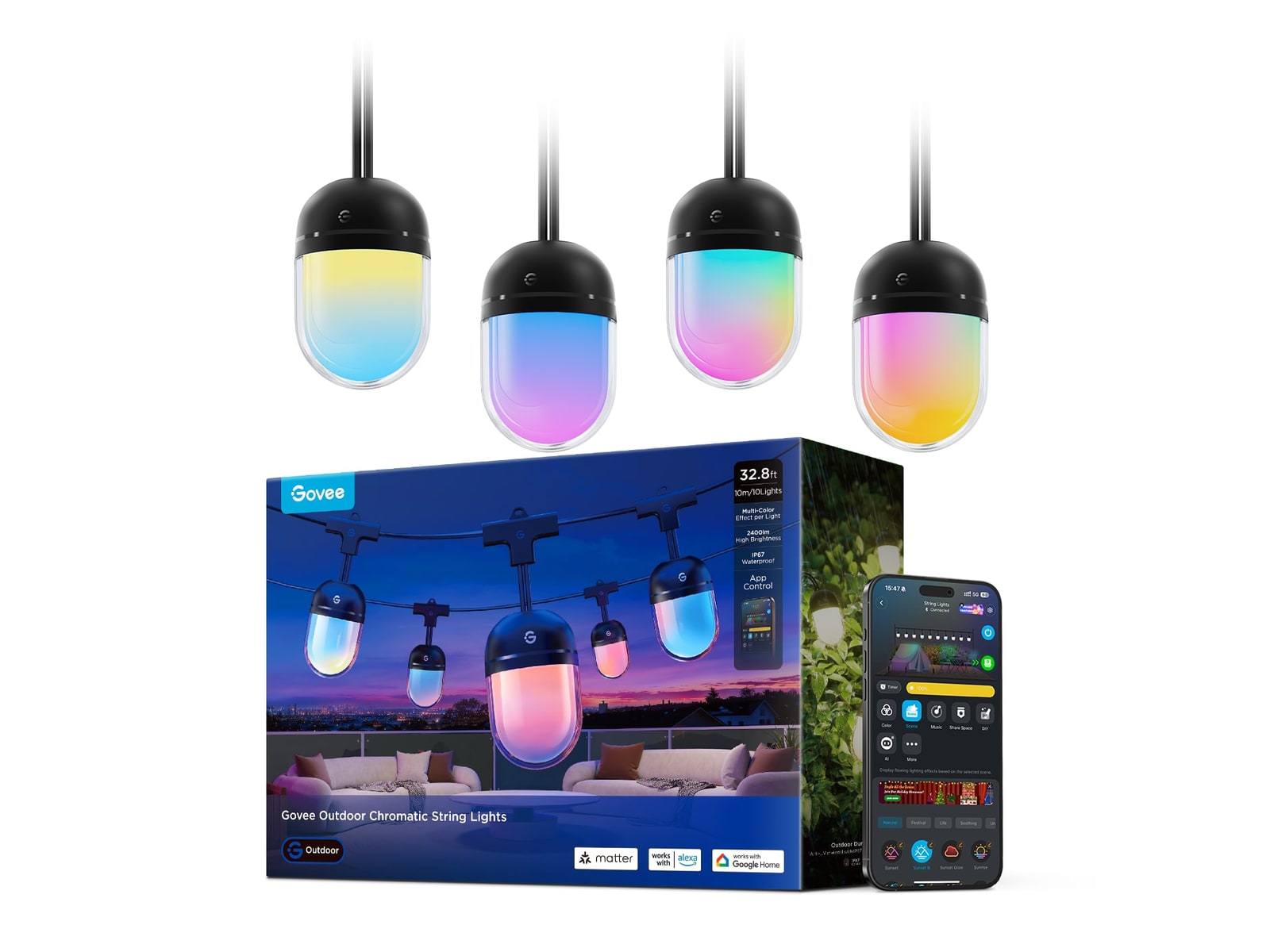 Govee - Outdoor Chromatic String Lights 32.8ft Smart Lighting