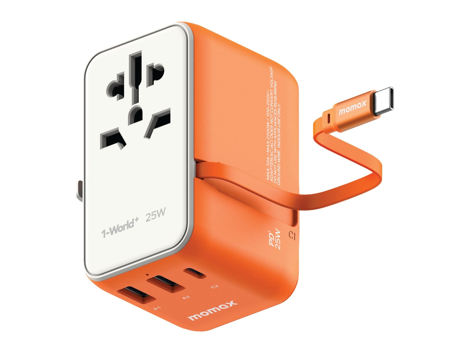MOMAX - 1-World+ 3-Port Travel Charger Built-In USB-C Cable 25W Orange Wall Chargers