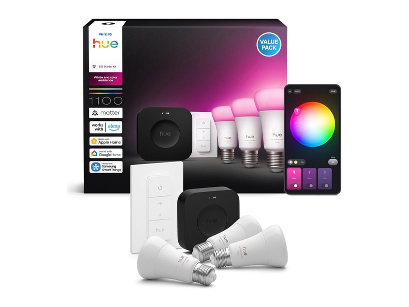 Philips - Hue Bridge Pro Starter Kit with Dimmer Switch and 3 E27 Smart Bulbs Smart Lighting - White (EU)