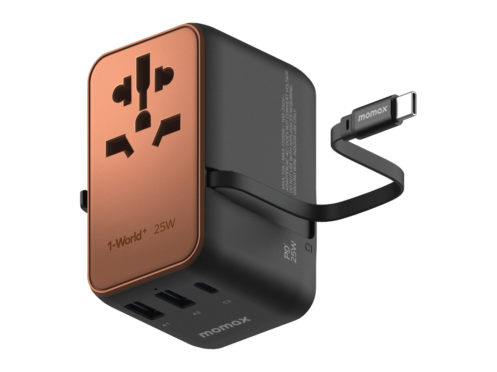 MOMAX - 1-World+ 3-Port Travel Charger Built-In USB-C Cable 25W Sandstone Wall Chargers