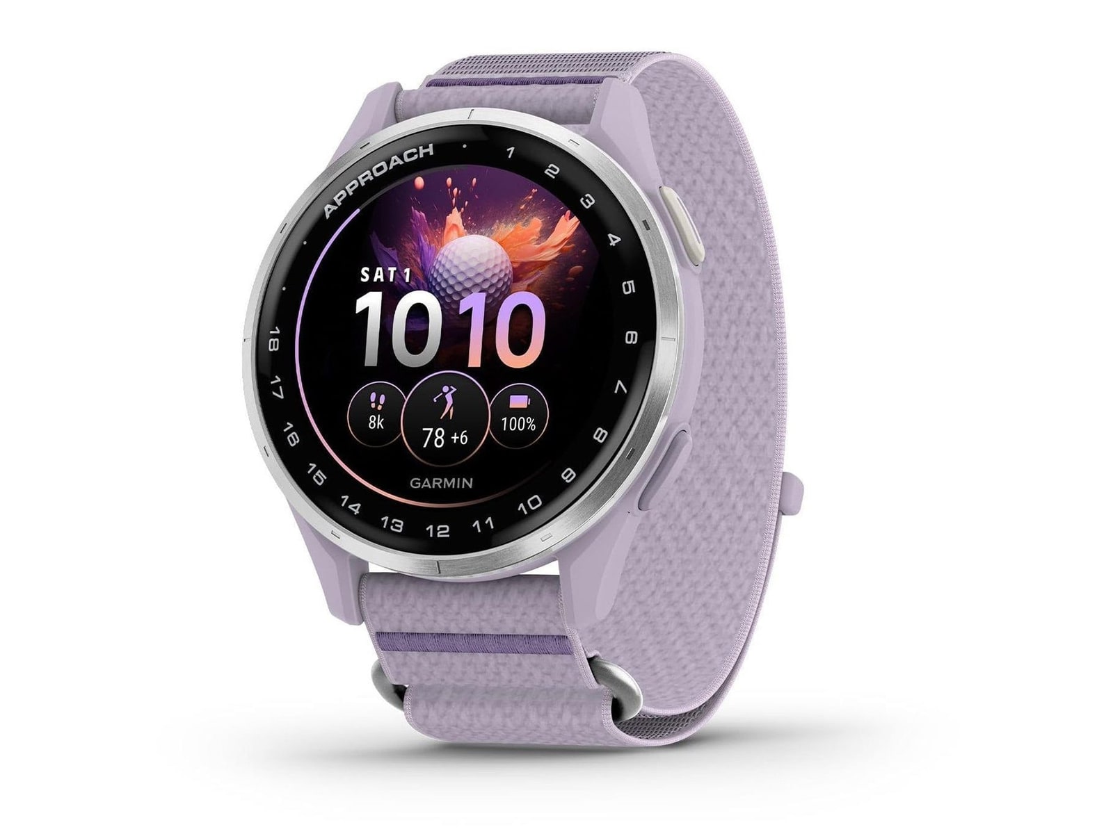 Garmin - Approach J1, Silver Aluminum Bezel with Lilac ComfortFit Fabric Band Smart Watches - Silver