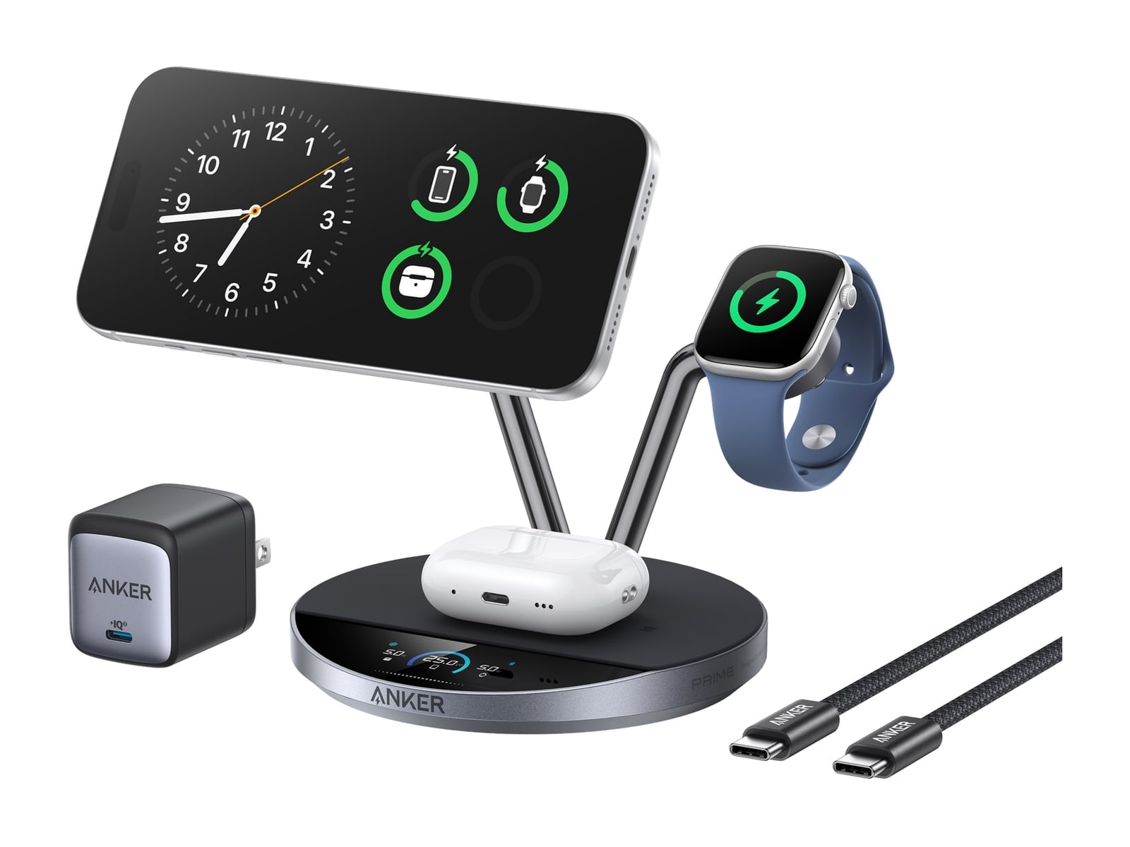 Anker - Prime Wireless Charging Station (3-in-1, MagGo, AirCool, Dock Stand) Black Stone Wireless Chargers