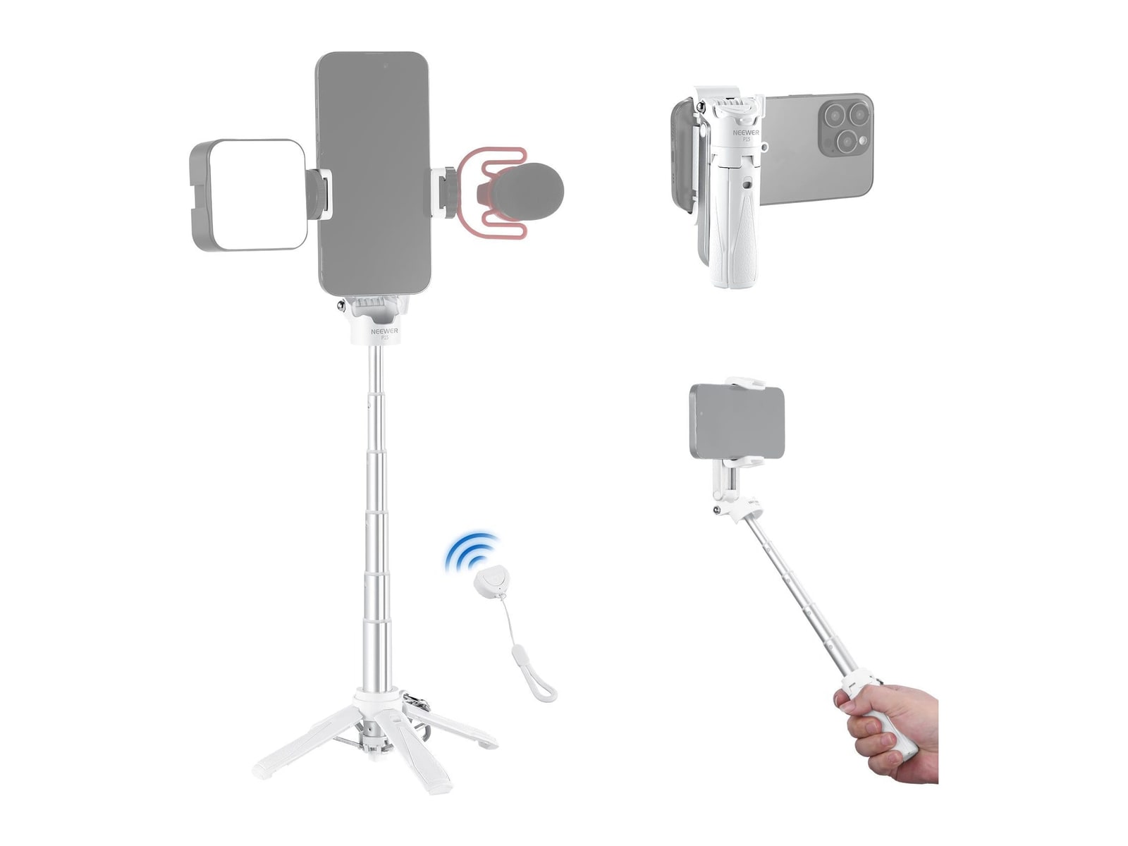 Neewer - P15 Foldable Selfie Stick Tripod with Bluetooth Remote Shutter Camera Accessories - White
