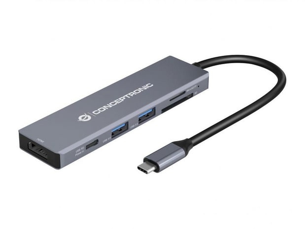 Conceptronic - DONN23G 6-in-1 USB-C Docking Station with 4K 60Hz HDMI and 100W Power Delivery Docking Stations - Gray