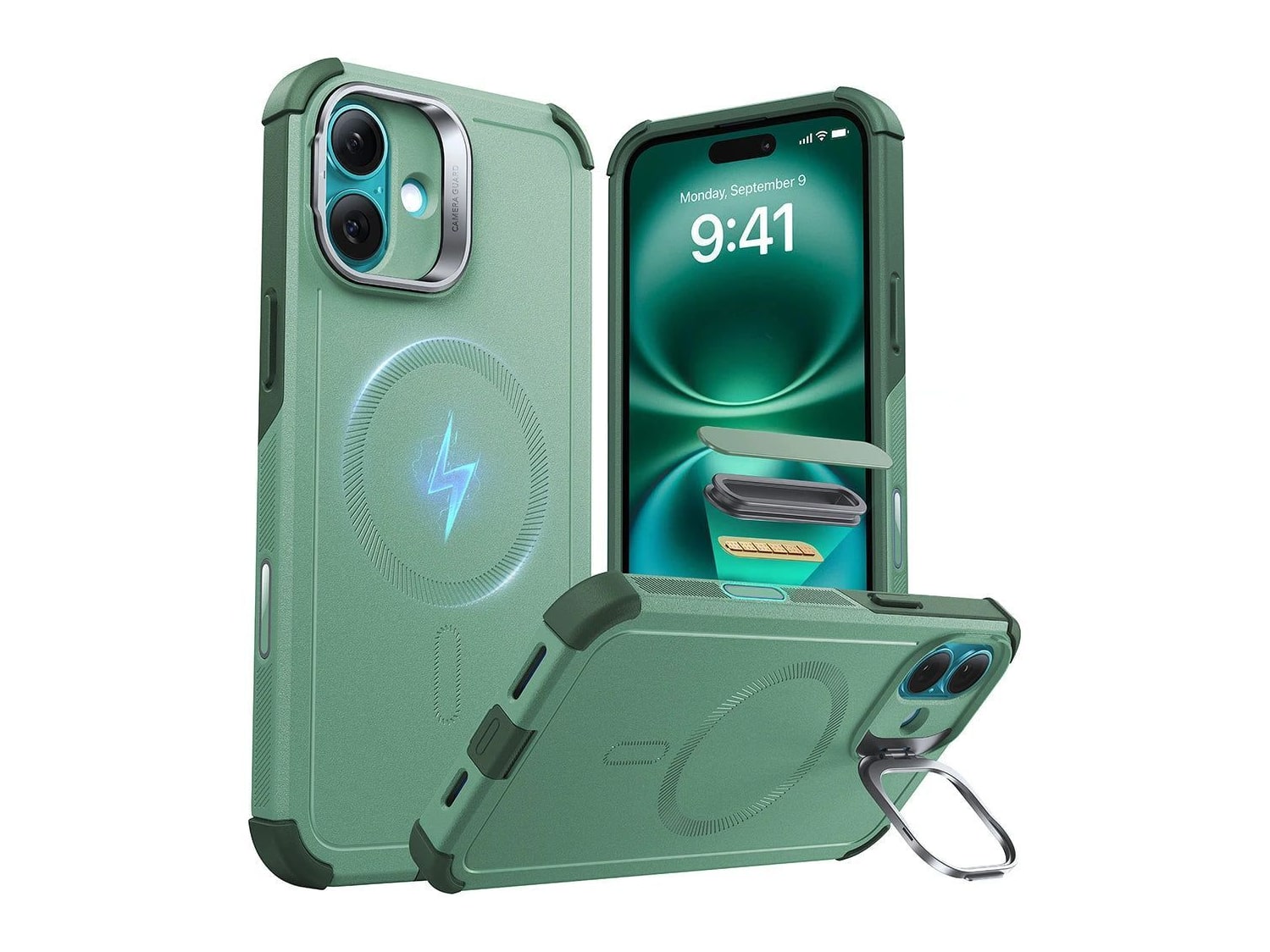 ESR - Cyber Tough Magnetic Case (Camera Control, Stash Stand) - iPhone 16 Plus - Light Green