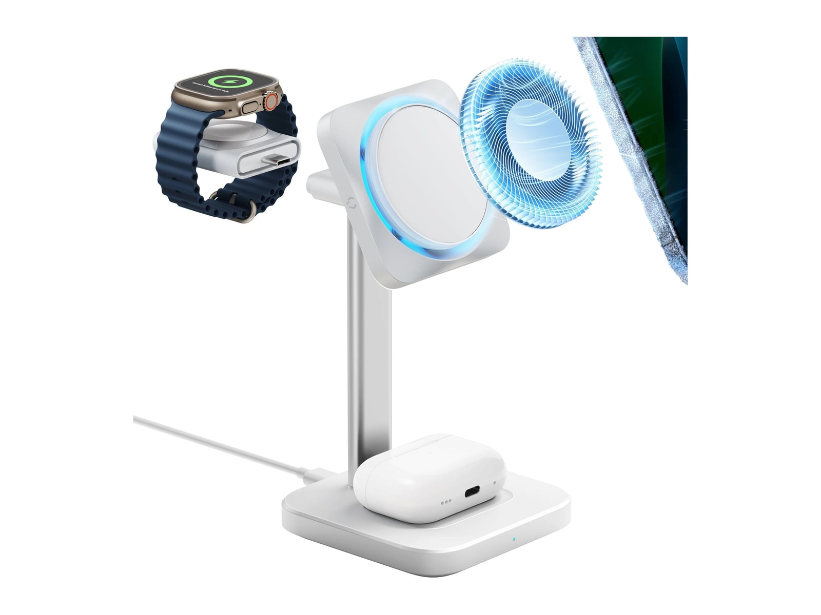 ESR - 15W 3-in-1 Wireless Charging Station with CryoBoost (HaloLock) - White Wireless Chargers