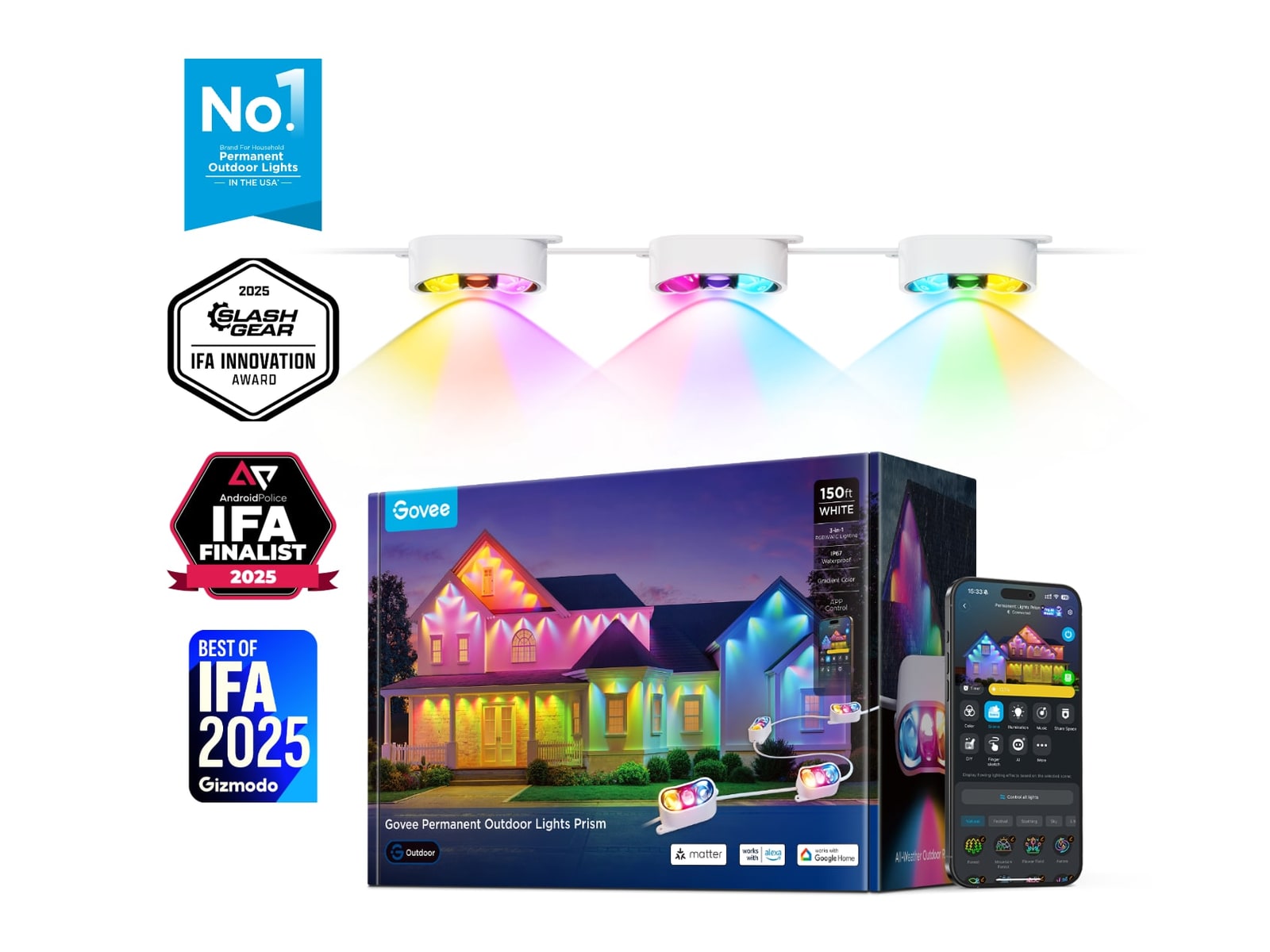 Govee - Permanent Outdoor Lights Prism 150ft Smart Lighting - White