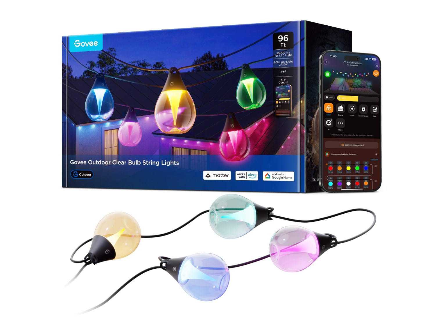 Govee - Outdoor Clear Bulb String Lights 96ft Smart Lighting