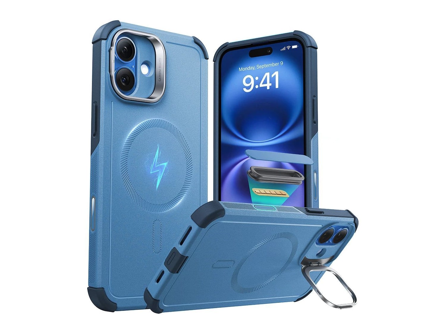 ESR - Cyber Tough Magnetic Case (Camera Control, Stash Stand) - iPhone 16 Plus - Light Blue