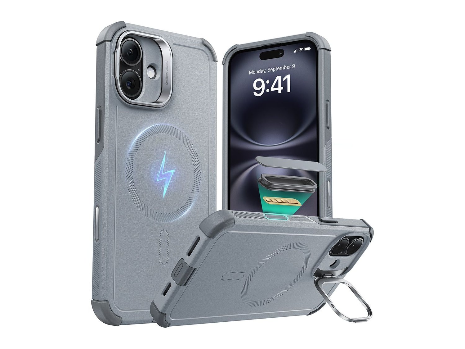 ESR - Cyber Tough Magnetic Case (Camera Control, Stash Stand) - iPhone 16 Plus - Light Grey