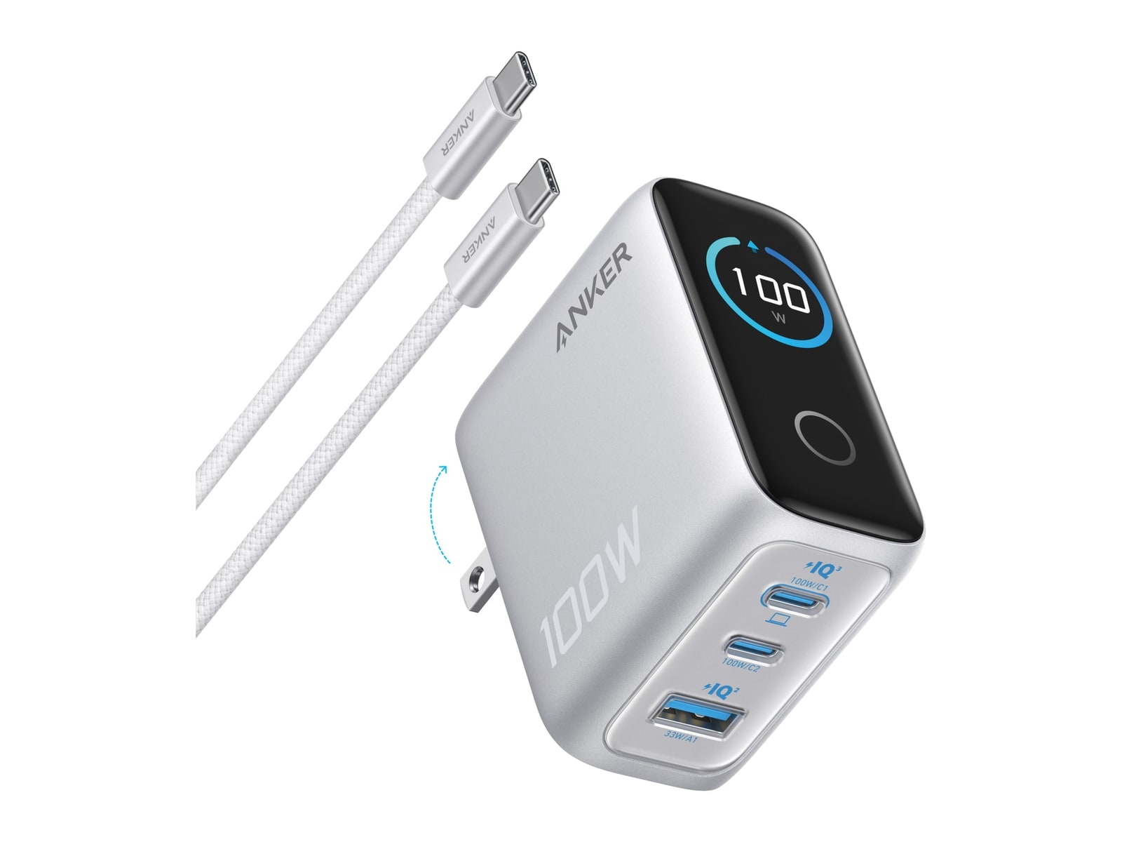 Anker - Charger (100W, 3 Ports, Smart Display) Silver Wall Chargers