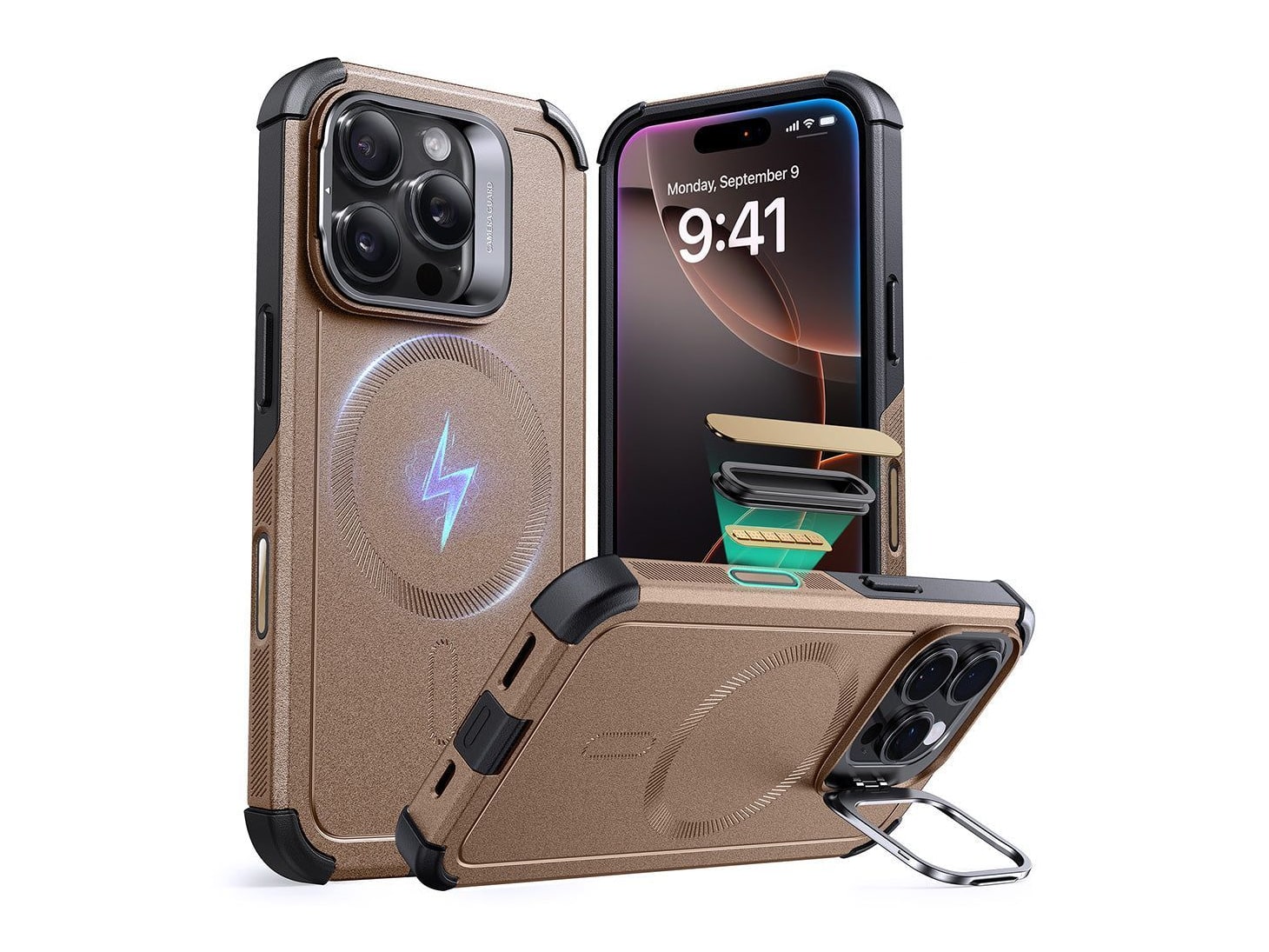 ESR - Cyber Tough Magnetic Case (Camera Control, Stash Stand) - iPhone 16 Pro Max - Desert Titanium
