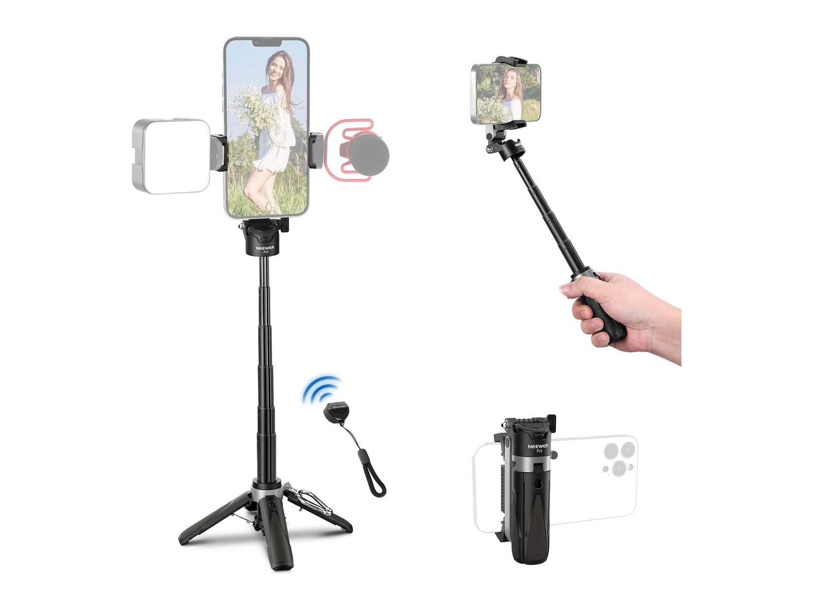 Neewer - P15 Foldable Selfie Stick Tripod with Bluetooth Remote Shutter Camera Accessories - Black